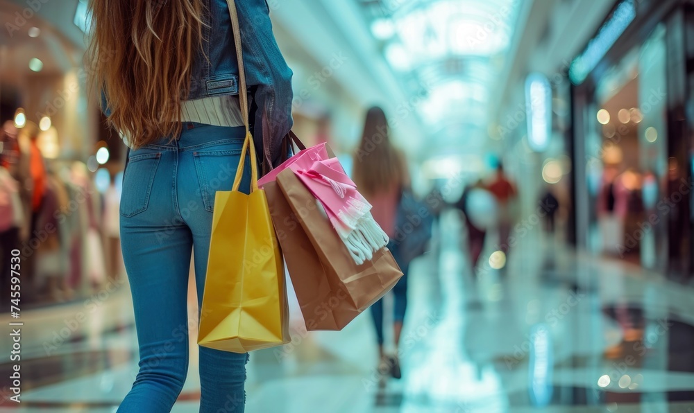 Woman carrying or holding shopping bags at shopp centre Woman carrying or holding shopping bags at shopp centre