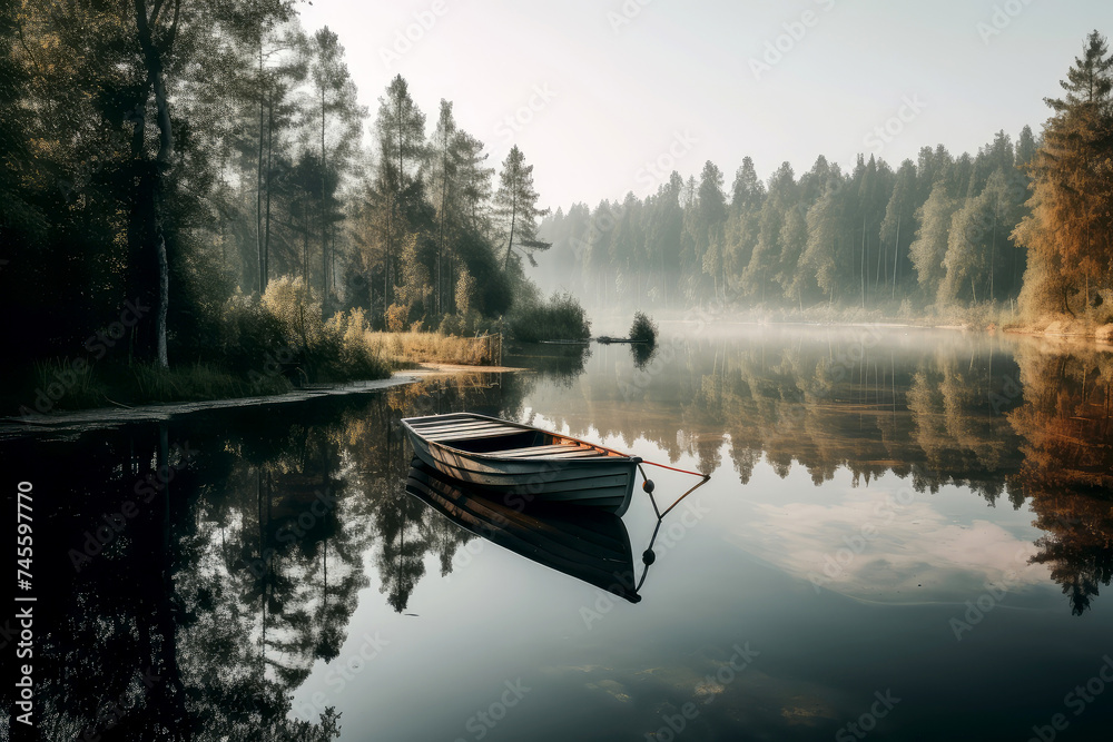 Serene Lake View with Rowboat at Dawn Serene Lake View with Rowboat at Dawn