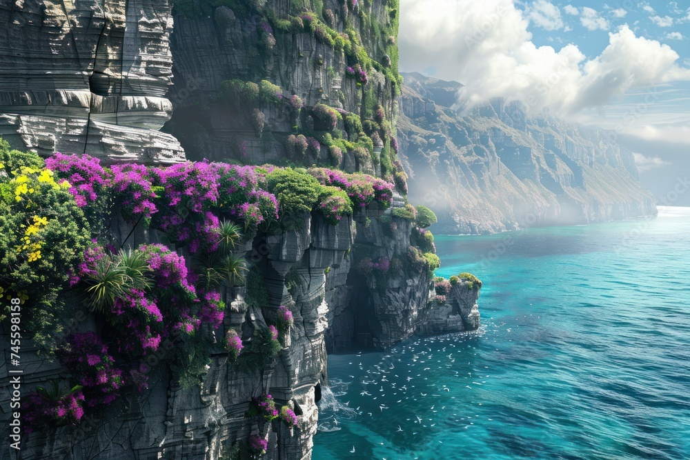 watercolor of Dramatic cliffs adorned with hanging gardens overlooking the ocean capturing the raw beauty of nature where land meets sea - obrazy, fototapety, plakaty 