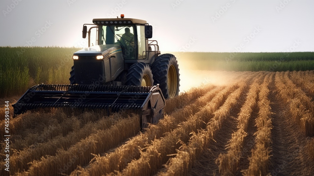 Fototapeta premium Tractor Harvesting Wheat in Golden Sunset Light