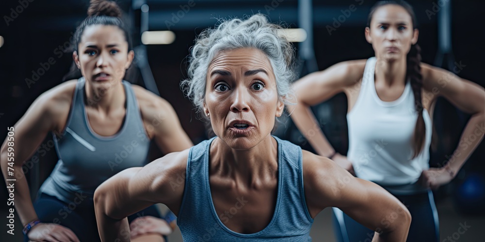 A senior woman demonstrates dedication to fitness as she engages in exercises at the gym