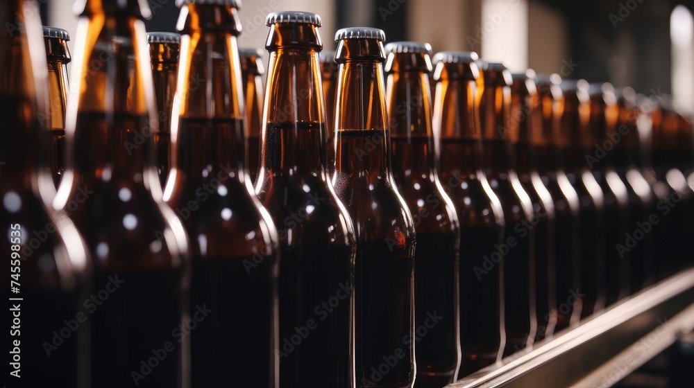 Brown Beer Bottles on Brewery Production Line - obrazy, fototapety, plakaty 