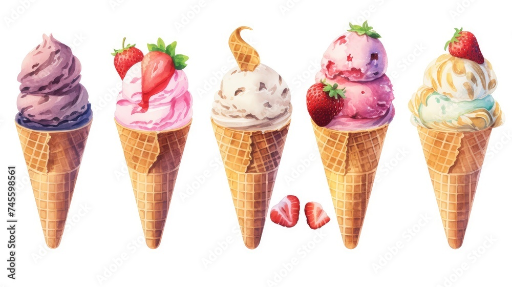 Variety of Ice Cream Cones with Fresh Strawberries
