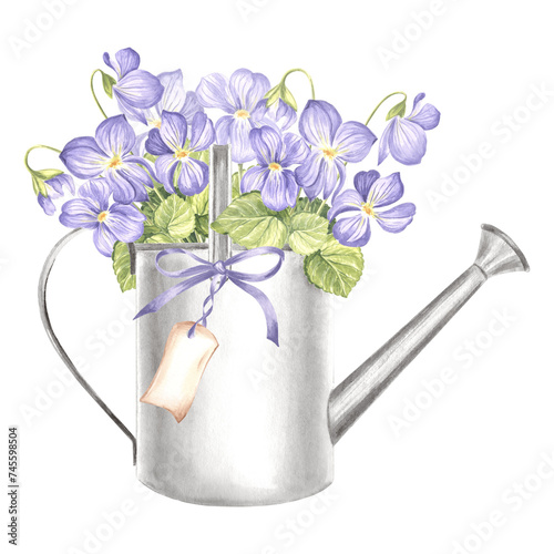 Violet with leaves in watering can metal with tag, watercolor illustration of garden supplies. Isolated hand drawn wildflower, pansy bouquet Template of farmhouse rustic decor for card, embroidery.