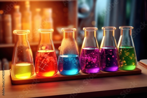 Vibrant Chemicals in Laboratory Glassware on Desk