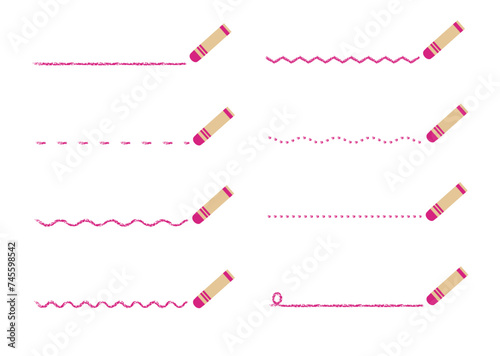 ピンクのクレヨンで書いた手書き風のいろんな線 素材セット