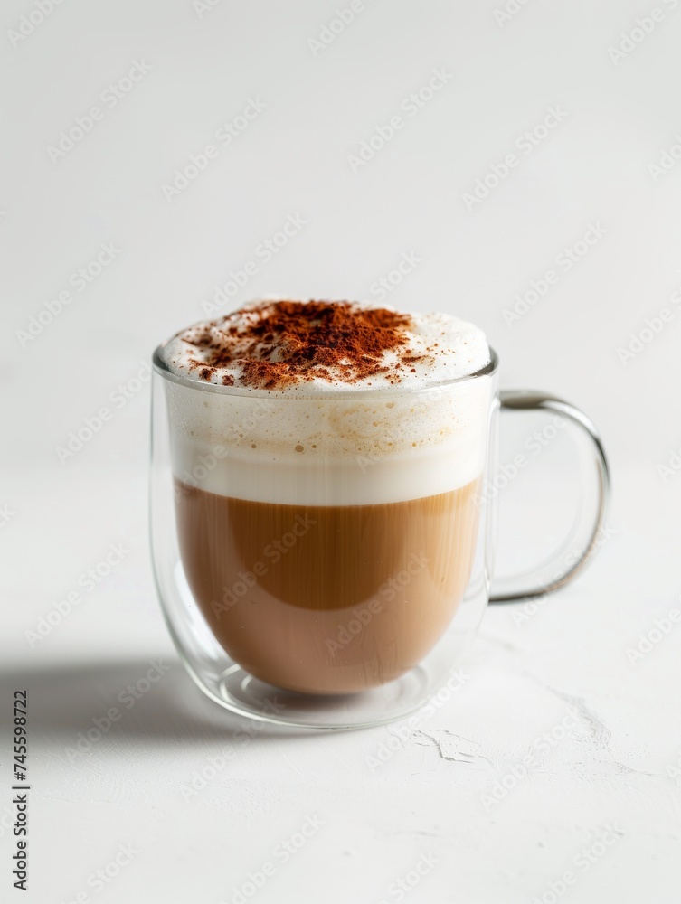 capuccino in a transparent mug, white background, soft shadow capuccino in a transparent mug, white background, soft shadow