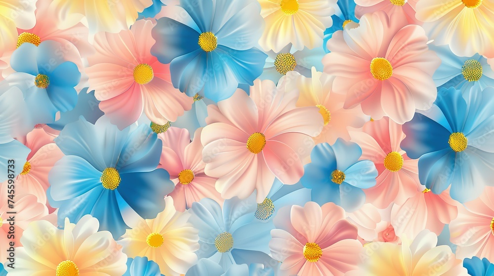 Spring flowers in pastel pink blue yellow and white seamless repeating pattern Spring flowers in pastel pink blue yellow and white seamless repeating pattern