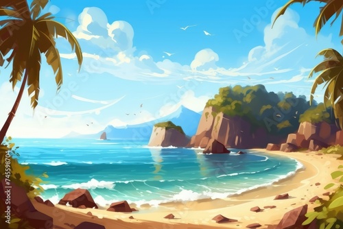 Serene Tropical Beach with Palm Trees Illustration