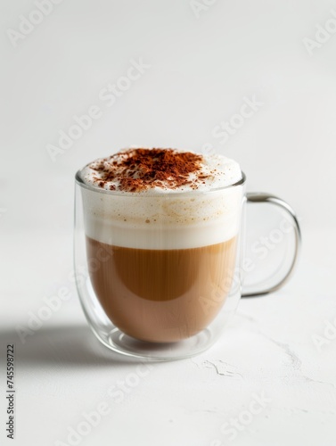 capuccino in a transparent mug, white background, soft shadow 