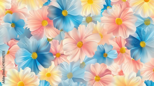 Spring flowers in pastel pink blue yellow and white seamless repeating pattern