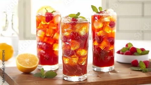 Three refreshing glasses of mint iced lemon tea photo