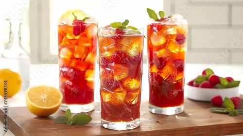 Three refreshing glasses of mint iced lemon tea