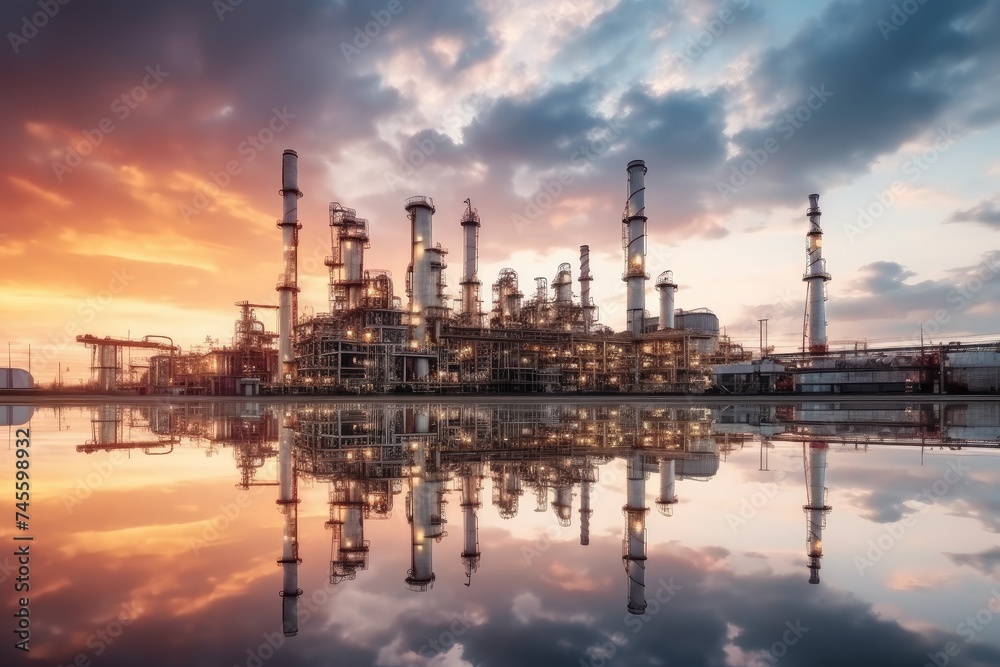 Majestic Sunset Over Industrial Oil Refinery Landscape Majestic Sunset Over Industrial Oil Refinery Landscape