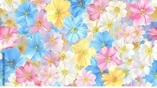 Spring flowers in pastel pink blue yellow and white seamless repeating pattern
