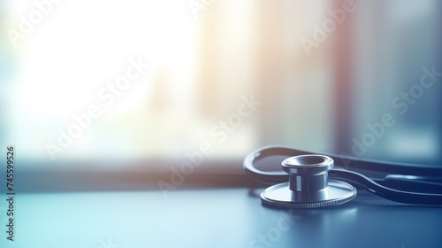 Stethoscope on Desk with Blurred Hospital Backdrop