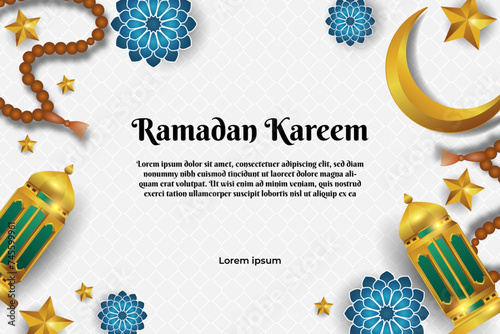 beautiful decorations ramadan with golden lantern, crescent moon, and prayer beads. background template