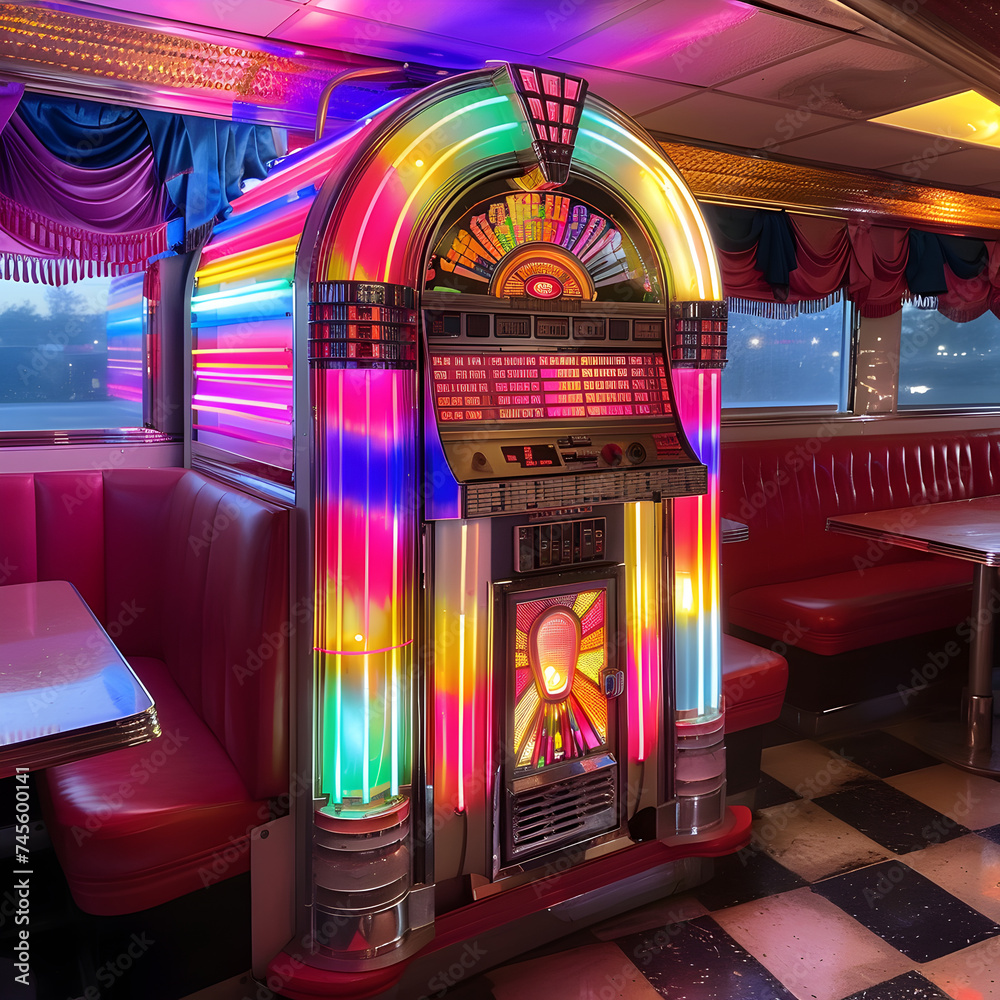 Retro jukebox with rainbow lights in a diner 