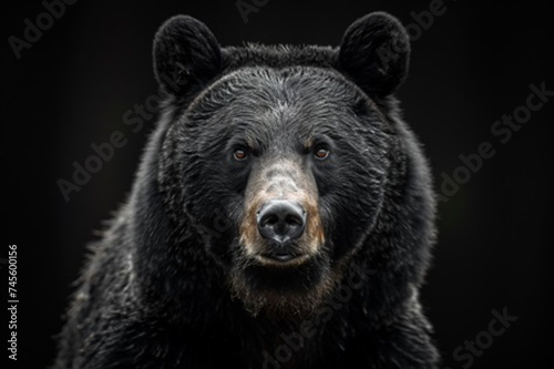 Monochrome portrait of a brown bear looking ahead against a black background.