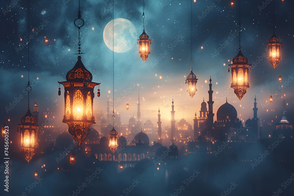 Modern Islamic holiday banner suitable for Ramadan, Raya Hari, Eid al-Adha and Mawlid. A lit lantern on an evening background. - obrazy, fototapety, plakaty 