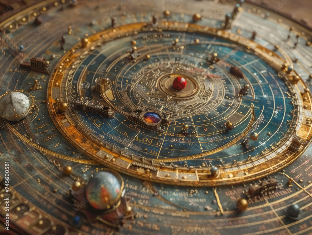 A detailed orrery depicting the solar system with planets and orbital paths
