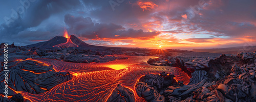 A fiery landscape dominated by flowing magma and intense heat showcasing the power of volcanic eruptions and the beauty of lavas incandescent glow