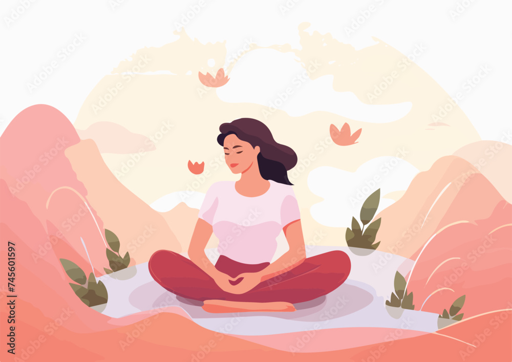 Young woman meditating in the lotus position Vector illustration in flat style