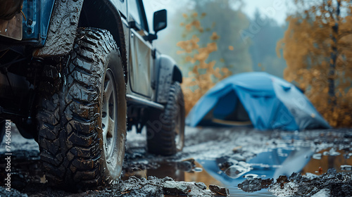 Camping tent close up concept of traveling on dirt roads on an off-road vehicle. © Rattanapon