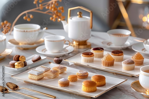 A luxurious afternoon tea setup featuring delicate porcelain cups, a teapot, and an assortment of gourmet pastries on a marble table photo