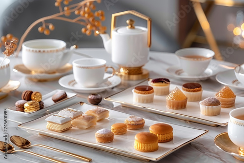 A luxurious afternoon tea setup featuring delicate porcelain cups, a teapot, and an assortment of gourmet pastries on a marble table