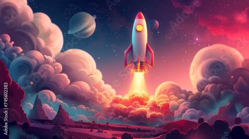 A whimsical cartoon rocket ship soaring through a colorful galaxy