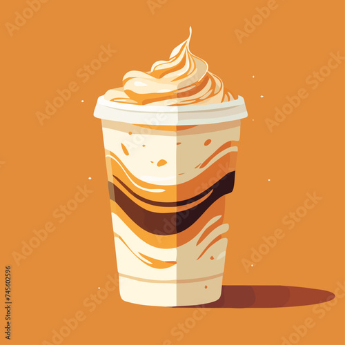 Coffee cup with whipped cream on orange background Vector illustration