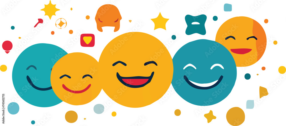 Funny smiley faces with different emotions Vector flat illustration