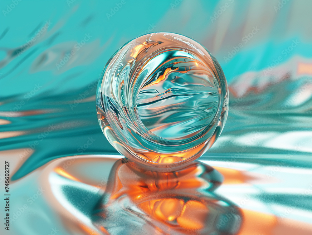 3d render of a floating metallic orb with glossy liquid patterns on a turquoise background 3d render of a floating metallic orb with glossy liquid patterns on a turquoise background