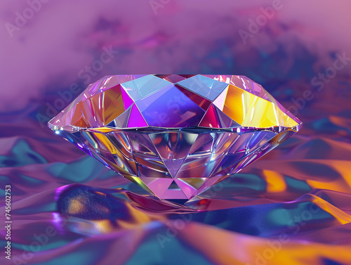 3d render of a glossy colorful gemstone with a chrome setting on a rich amethyst background