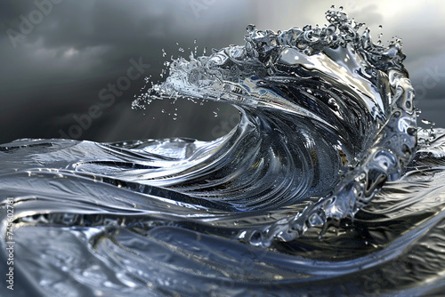 3d render of a glossy liquid wave with a metallic sheen on a stormy gray background