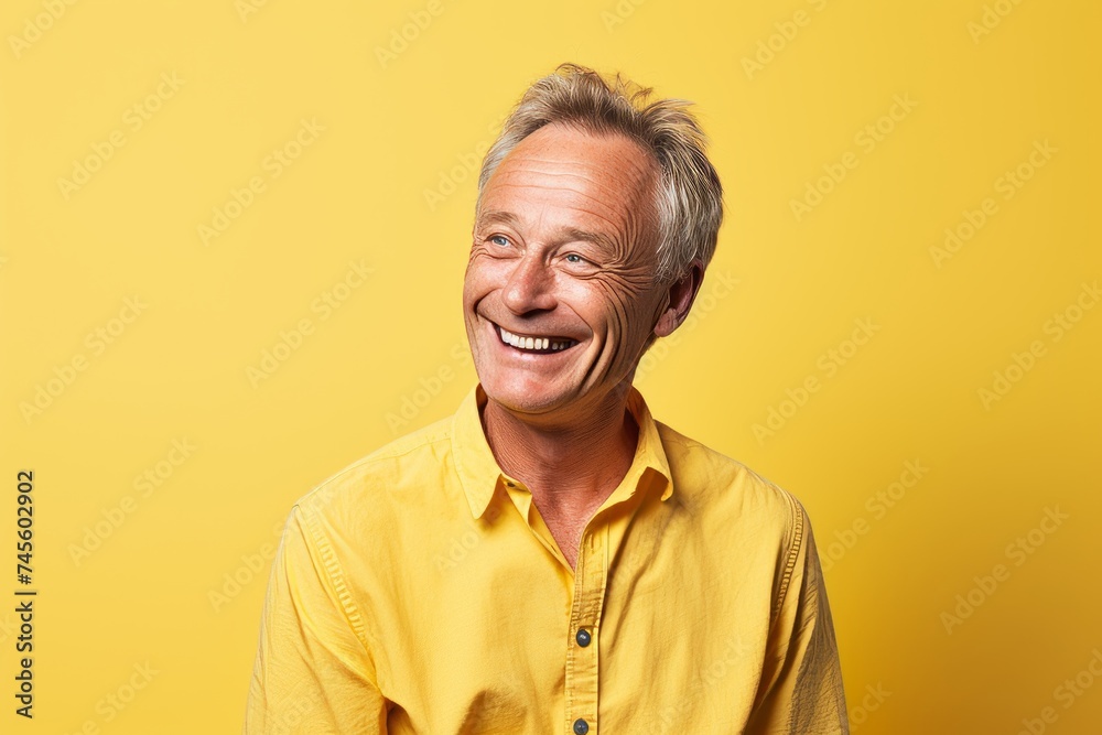 Portrait of a happy senior man laughing and looking at the camera on yellow background Portrait of a happy senior man laughing and looking at the camera on yellow background