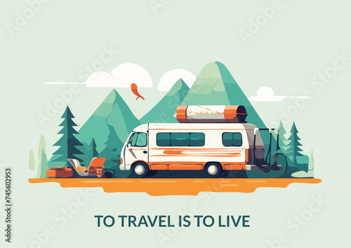 Tourism and travel flat vector illustration Camping trailer with mountains and birds on background photo