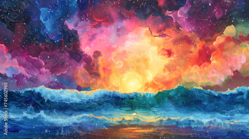 Valokuva Abstract Cosmic Ocean and Colorful Nebula Painting
