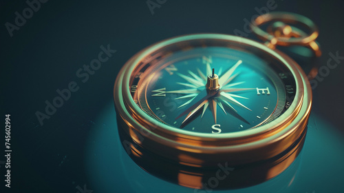 3d render of a reflective golden compass with a neon needle on a dark teal background