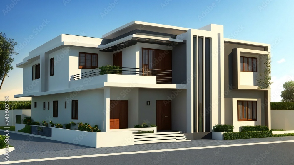 3D model of a white house against a gray backdrop. Concept for real estate or property. 3D model of a white house against a gray backdrop. Concept for real estate or property.