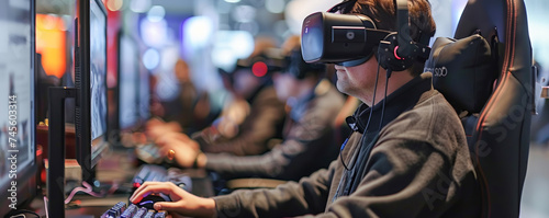 A focused gamer wearing a virtual reality headset engaged in an immersive gaming experience at a high-tech gaming station © BussarinK