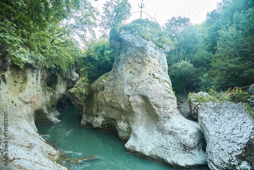 View of the canyon or gorge. Unique natural places. A large mountain river sandwiched between rocks. Natural landscape photo