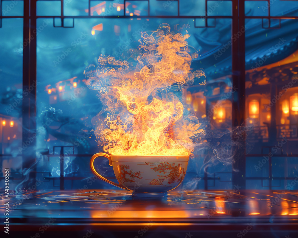 An aromatic journey depicted in digital painting where the steam from a hot milk tea forms intricate patterns telling ancient stories