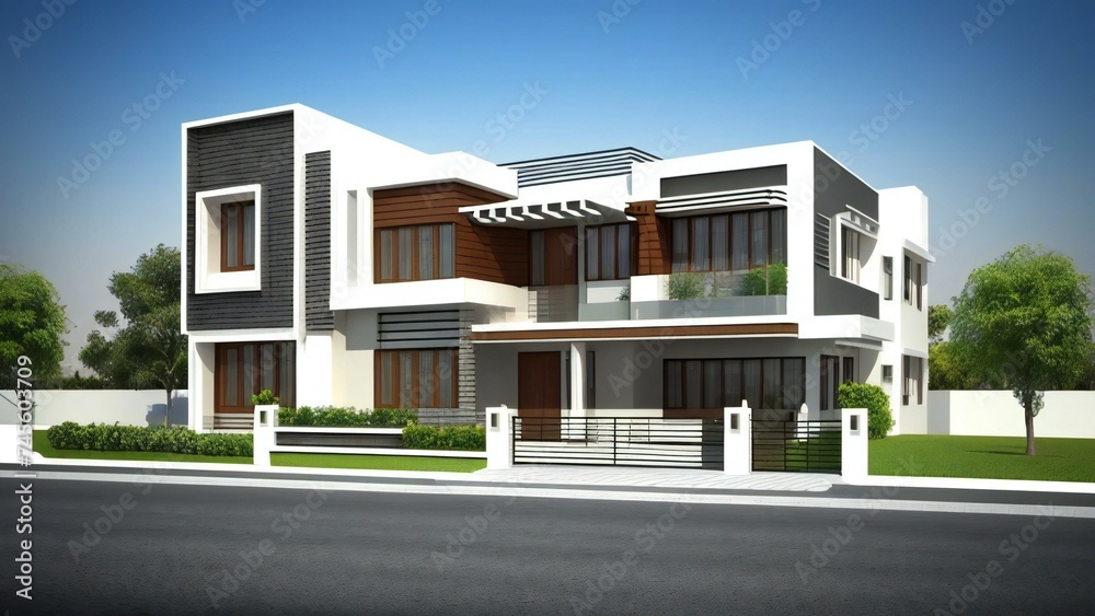 3D model of a white house against a gray backdrop. Concept for real estate or property. 3D model of a white house against a gray backdrop. Concept for real estate or property.