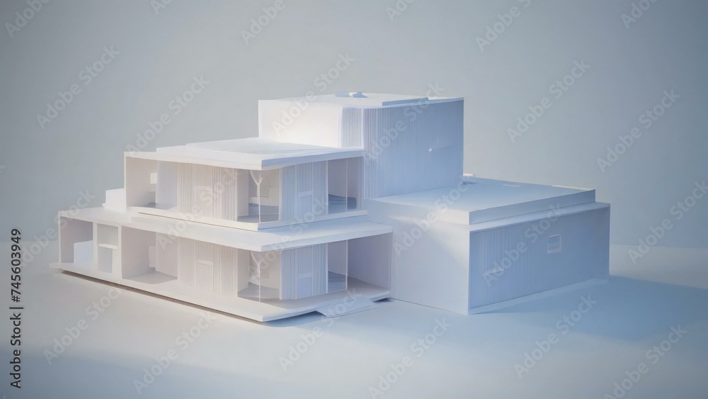 3D model of a white house against a gray backdrop. Concept for real estate or property. 3D model of a white house against a gray backdrop. Concept for real estate or property.