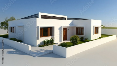 3D model of a white house against a gray backdrop. Concept for real estate or property. © home 3d