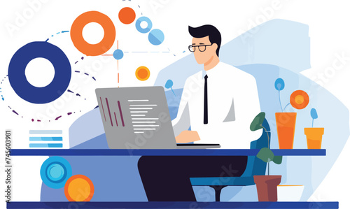 Businessman working on computer in office Vector illustration in flat style