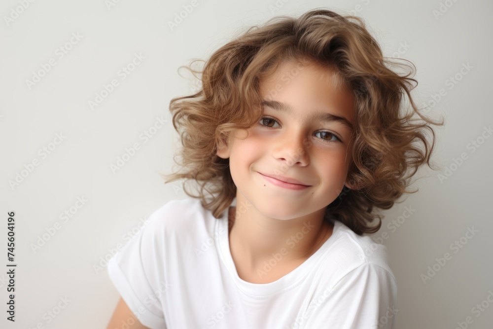 Portrait of a cute little boy with curly hair on a gray background Portrait of a cute little boy with curly hair on a gray background