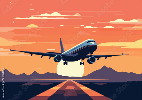 Airplane on the runway at sunset Vector illustration in flat style